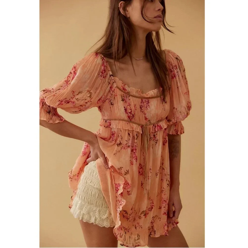 NEW Free People Marney Mini Dress Peach Combo Babydoll Puff Short Sleeve